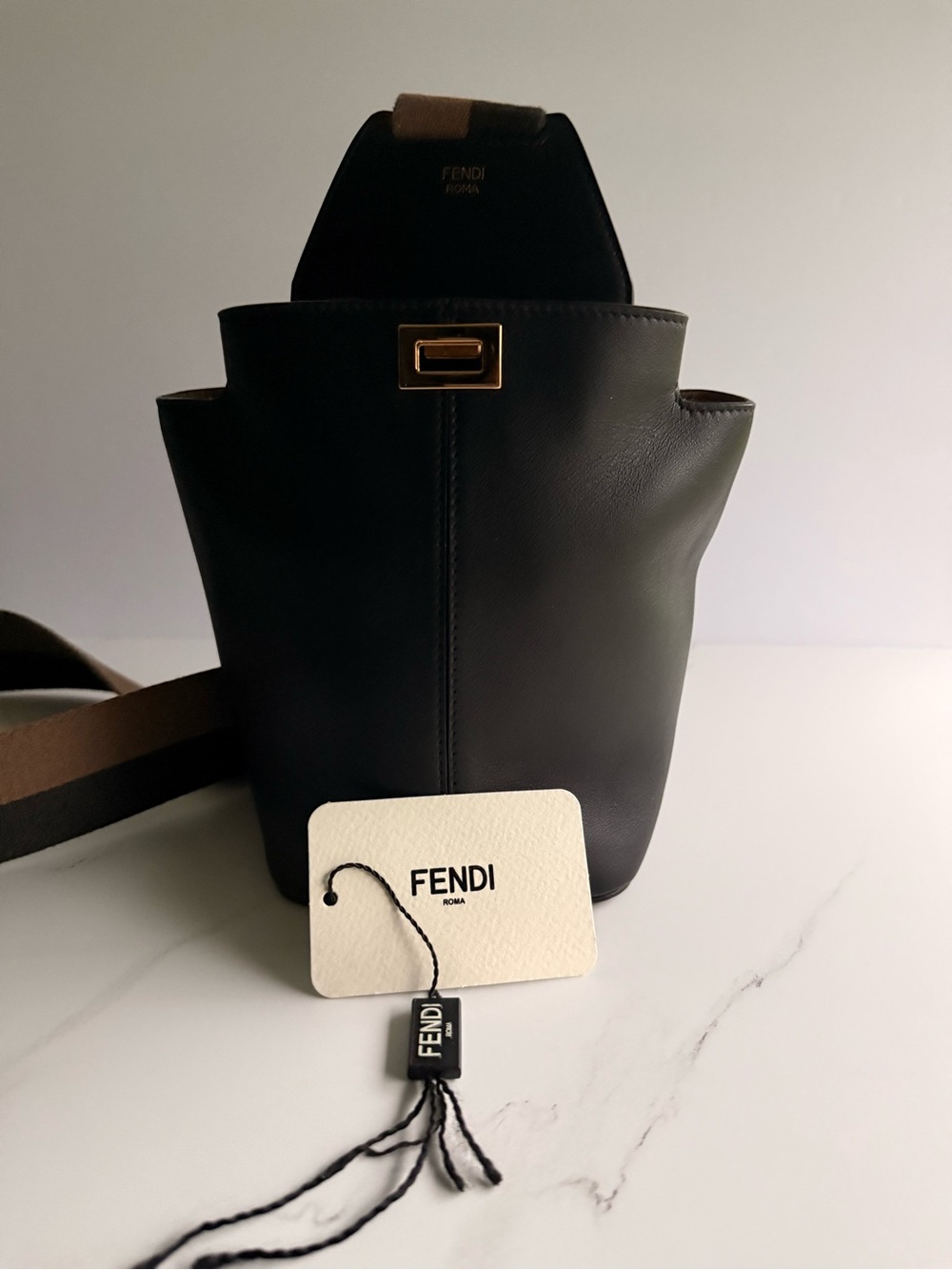 Fendi Black Leather Mini Bucket Bag with Brown Strap Detail/ guitar bag